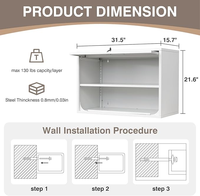 Metal Wall Cabinet with Locking Door and Shelf, Hanging Garage Cabinets with Up-Flip Doors for Garage, Warehouse, Home, Office, Assembly Required (White, One Cabinet)