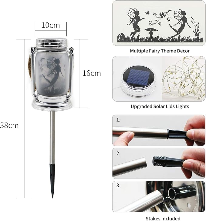 2 Pack Solar Fairy Lantern for Garden Decorations - Christmas Gifts for Mom Women Grandma Birthday Outdoor Ornaments Decorations Hanging Lamp Frosted Glass Jar with Stake for Yard Patio Lawn
