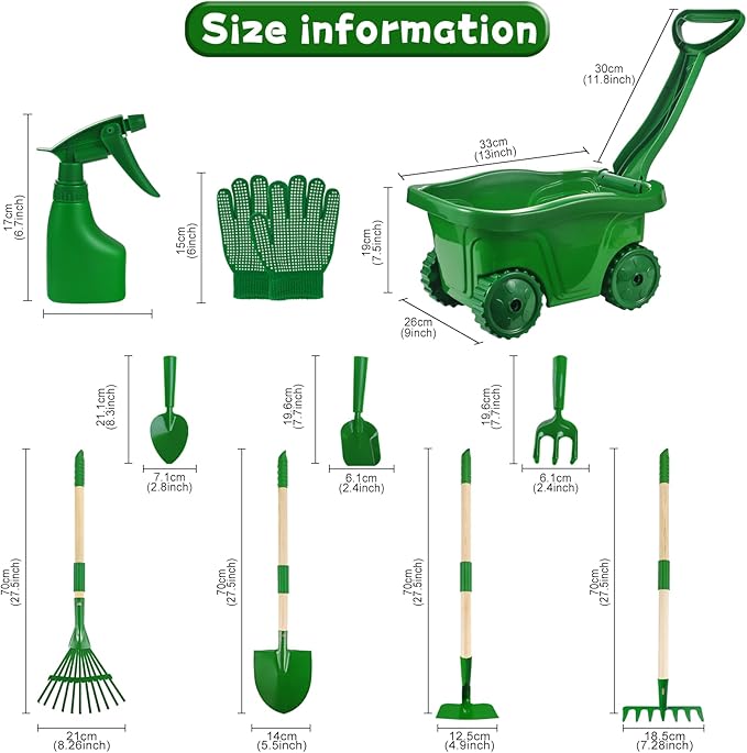 Duckura Kids Gardening Tools Set - 10pcs Wheelbarrow Set for Kids with Shovel, Rake, Leaf Rake, Summer Outdoor Yard Digging Weed Toys, Christmas Birthday Gifts for Boys Girls Age 2 3+ Years Old(Green)