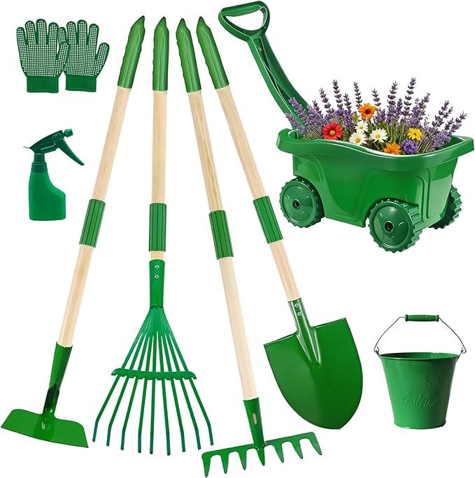 Kids Gardening Tools Set,8Pcs Wheelbarrow Set for Kids with Shovel, Rake, Leaf Rake,Summer Outdoor Backyard Farm Digging Weed Toys Beach, Sand, Garden Play Set Birthday Gift for Boys Girls