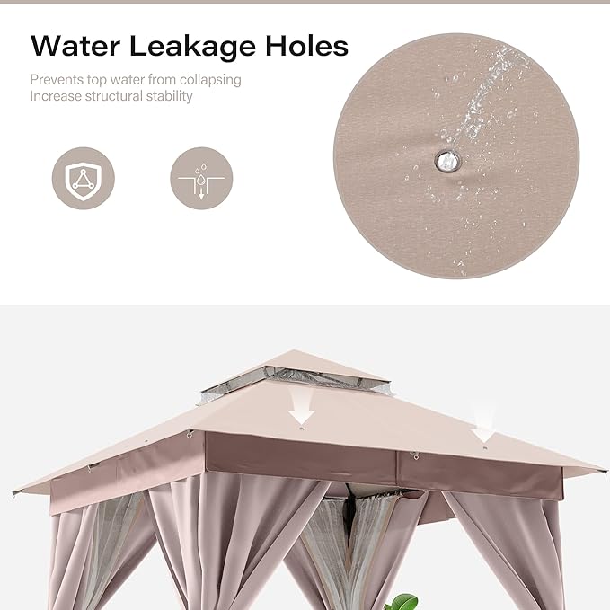 LAUSAINT HOME Semi-Permanent Patio Gazebo 10'x10' with Expansion Bolts, Outdoor Heavy Duty Party Shelter with Double Roofs, Mosquito Nettings and Privacy Screens for Backyard, Garden, Lawn, Khaki