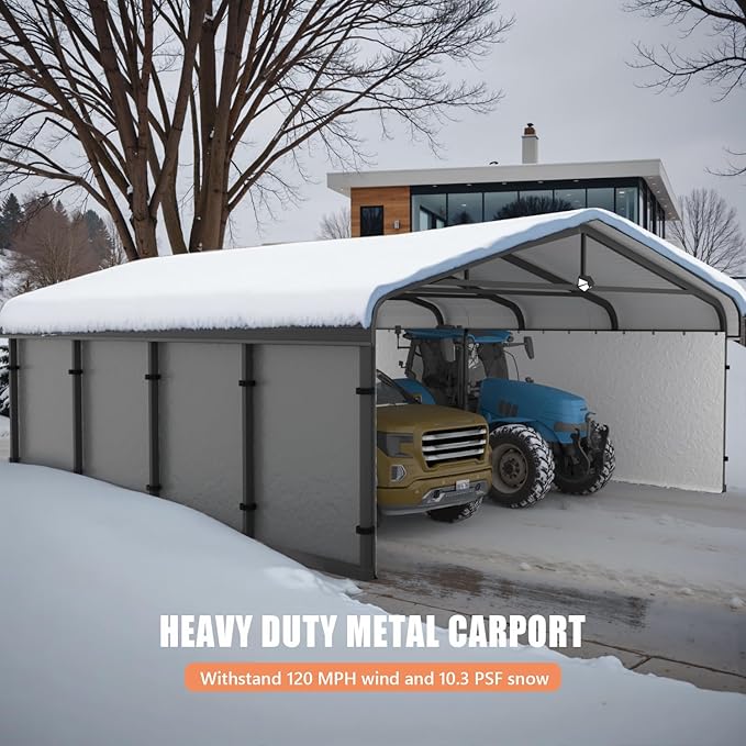 20x20 Metal Carport, Galvanized Steel Roof Car Port with Remvoable Polyethylene Sidewalls