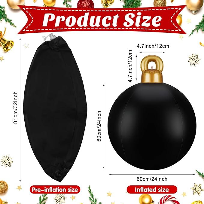 Jetec 4 Pcs Giant Inflatable Christmas Ball Large Xmas Inflatable Ornaments PVC Outdoor Holiday Blow Ball Outside Yard Lawn Porch Decorations (Solid,Black)
