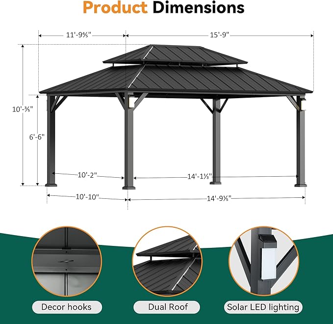 Modern Shade The Horizon Hardtop Gazebo 12' x 16' with 4 LED Lights, Permanent Outdoor Gazebo with Galvanized Steel Double Roof, Grill Pavilion with Decor Hooks, Mosquito Nettings, Black