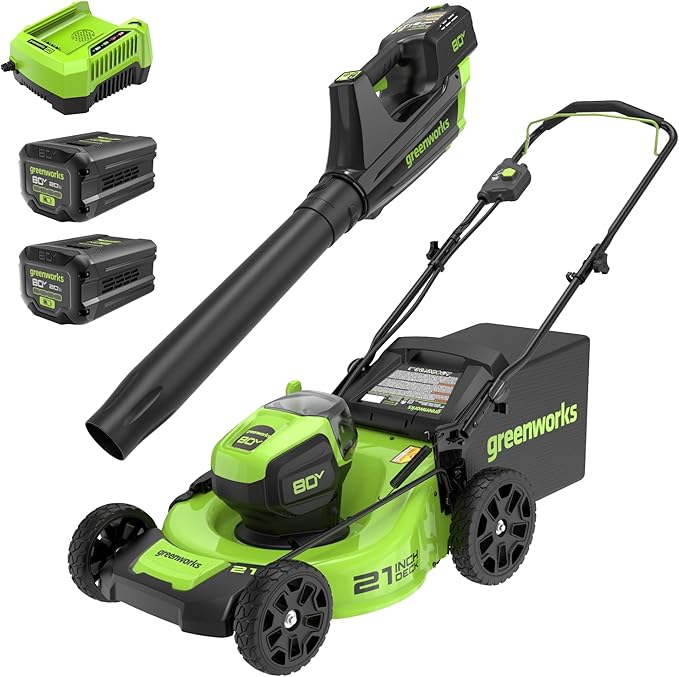 Greenworks 80V 21¡± Brushless (Push) Cordless Electric Lawn Mower + (500 CFM) Axial Leaf Blower (75+ Compatible Tools), (2) 2.0Ah Batteries and 30 Minute Rapid Charger