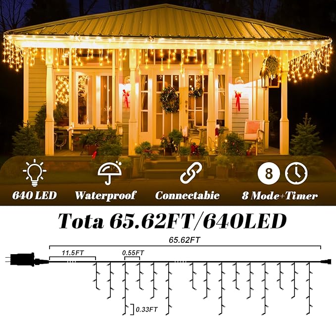 65FT 640 LED Christmas Lights Outdoor - Plug in Waterproof String Lights for Outside with 120 Drops & 8 Modes, Icicle Twinkle Curtain Lights for Holiday, Party, Garden, Patio Decor(Warm White)