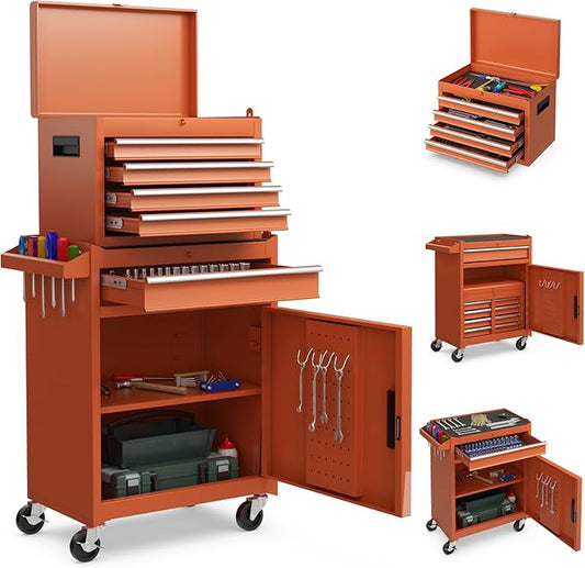 Goplus Tool Chest, 5 Drawers Rolling Tool Cabinet with Detachable Top Toolbox, Universal Lockable Wheels, Lock Bar, Protective Liner & Tool Rack, Metal Tool Storage Cart, Tool Box for Garage Workshop