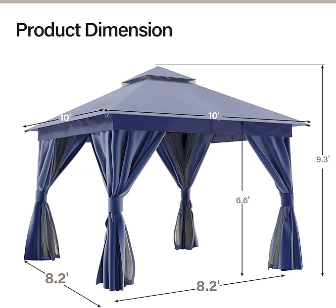 LAUSAINT HOME 10x10ft Outdoor Patio Gazebo with Double Roof, Heavy Duty Waterproof Gazebo Canopy Tent with Mosquito Netting for Backyard, Garden, Lawn & Wedding, Navy Blue
