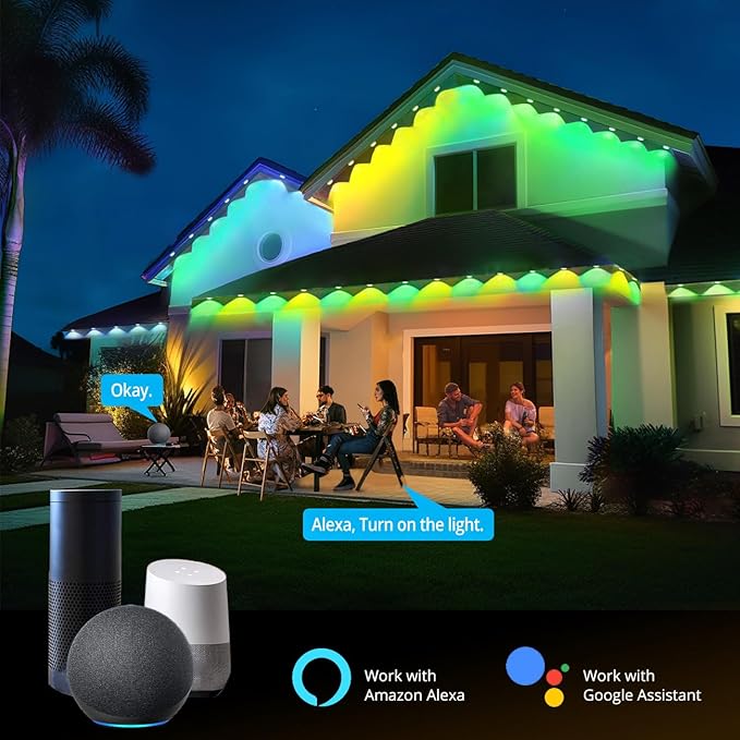 wowlite Permanent Christmas Smart RGB Outdoor Lights, 50FT Color Changing, Exterior Waterproof LED Eaves Lights for House Trim, Game Day Daily Lighting