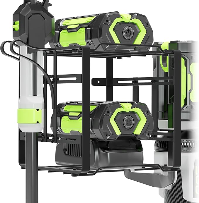 Pugala Universal Storage Rack for Leaf Blower, Weed Eater, and Power Tools ? Adjustable Wall Mount Organizer with Heavy-Duty Steel, Powder-Coated Finish, and Battery Storage ? Black