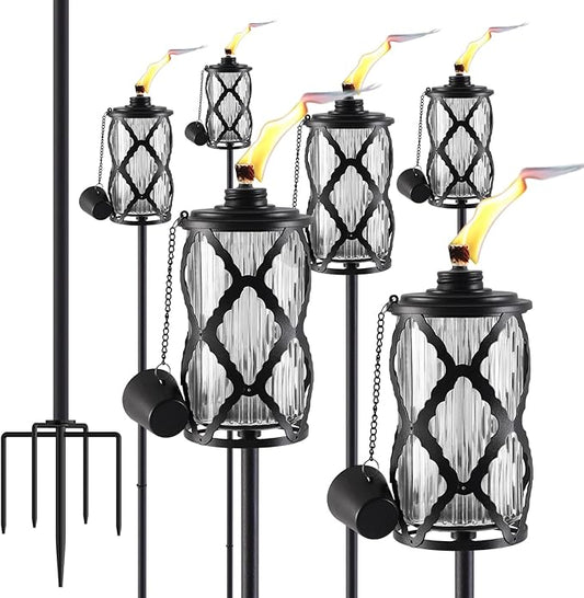 6 Pack Gray Glass Garden Torch,59-Inch Outdoor Torch Garden Décor, Upgraded 16 oz Citronella Torches with 5-Prong Grounded Stake,Metal Light Torches for Party Patio Pathway