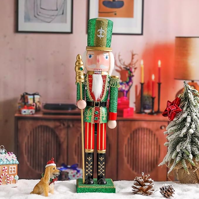 Christmas Nutcracker Decorations Nutcracker Figure 15 Inch Wooden Nutcrackers Collectible Ornament Nutcracker Soldier for Table Desktop Home Christmas Decor Xmas Indoor Decor Green