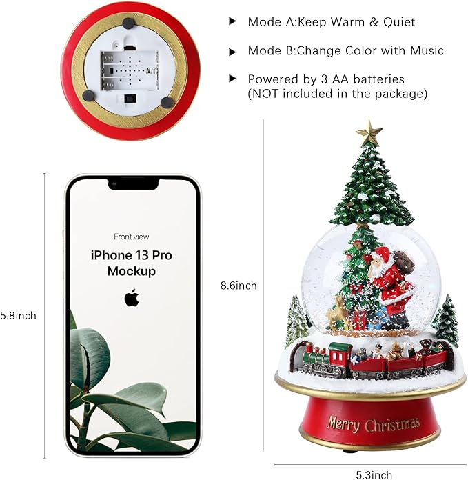 Taman Christmas Snow Globe, Santa with Gifts,Christmas Tree,Mini Train Carrying Bears Musical with Swirling Glitter Snowflakes Lighted Christmas Decorations Tabletop Home Décor