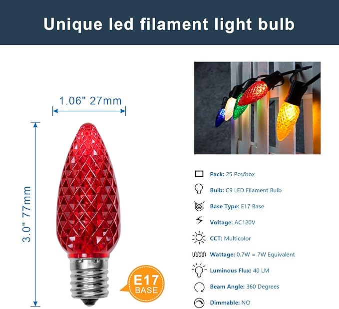 25 Pack Multicolor C9 LED Christmas Lights Replacement Bulbs, Shatterproof Plastic C9 Led Bulbs for Outdoor String Lights, E17 Base, 0.6W Equivalent to 7W, 50lm Holiday Decoration