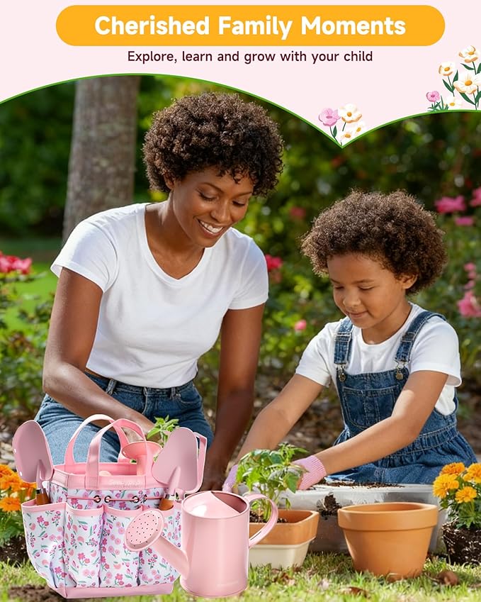 Kids Gardening Tool Set Toys - 8 Pieces Quality Garden Kit for Toddlers & Kids with Shovels, Rake, Watering Can, Hat, Apron, Gloves & Storage Bag（Pink）