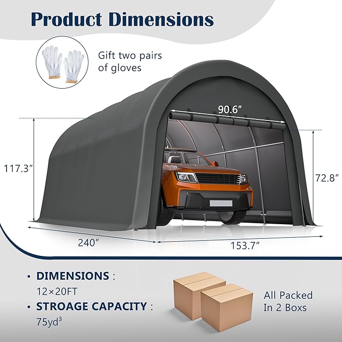 12x20 FT Heavy-Duty Carport Canopy, Portable Garage Shelter with Galvanized Steel Frame and PE Cover, Wind & Snow Resistant, Waterproof Outdoor Storage Tent for Car Truck SUV Boat Equipment