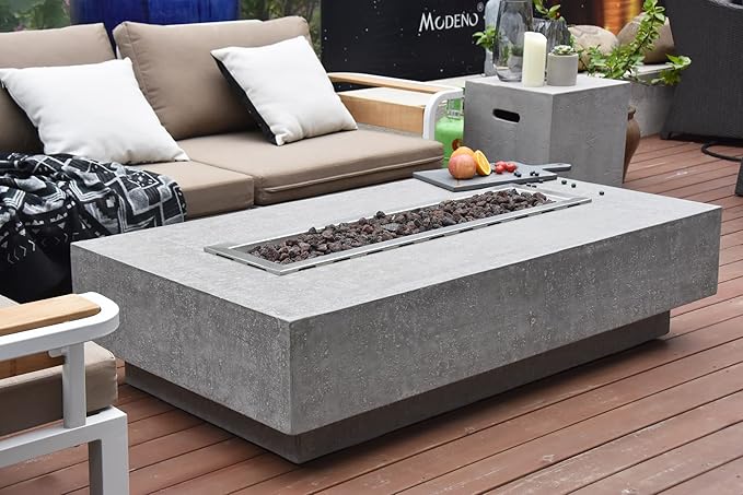 Elementi Hampton Fire Pit Bundle Outdoor Firepit Set Includes 56¡± Propane Concrete Firepit Table, Glass Windscreen, Stainless Steel Cover, Tank Cover, Canvas Cover, Floor Mat, Ice Bucket