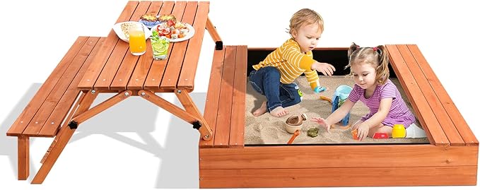Kids Outdoor Wooden Sandbox Large Kids Sand Box with Lid Sand Box with Cover Gift for Ages 2-8 Foldable Picnic Table and Seat Bottom Liner Included
