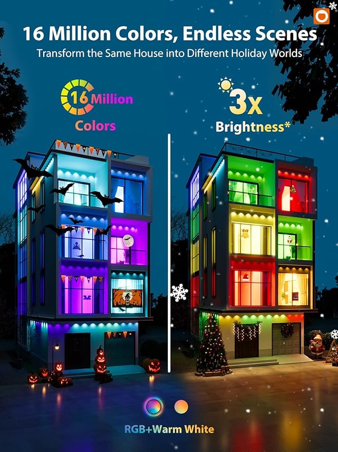 addlon Permanent Outdoor Lights, RGB+IC Color-Changing LED House Lighting with App & Remote, Christmas Light Effects, IP67 Weatherproof Outdoor Lights for Holidays & Christmas Decorations, 200FT