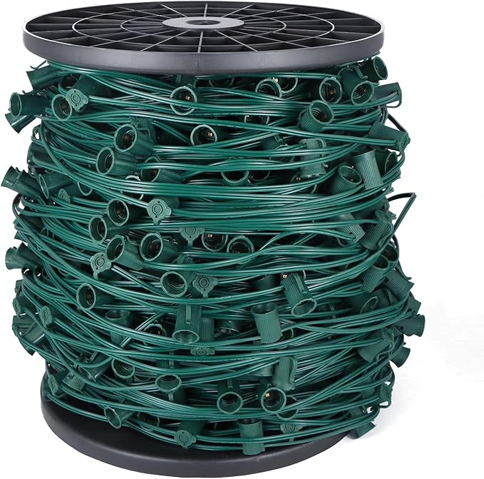 1000FT C9 Outdoor String Light Stringer, E17 Light Socket 12" Spacing, C9 Christmas Stringer Set Spool Green Light String for Wedding Patio Event Lighting Decor, Green Wire