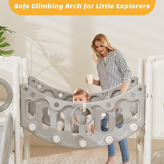 Toddler Playground Playset with Climbing Arch, Golf Set, Slide & Basketball Hoop - Outdoor Toys, Safe & Durable Plastic Garden Equipment (White Gray, Without Swing)
