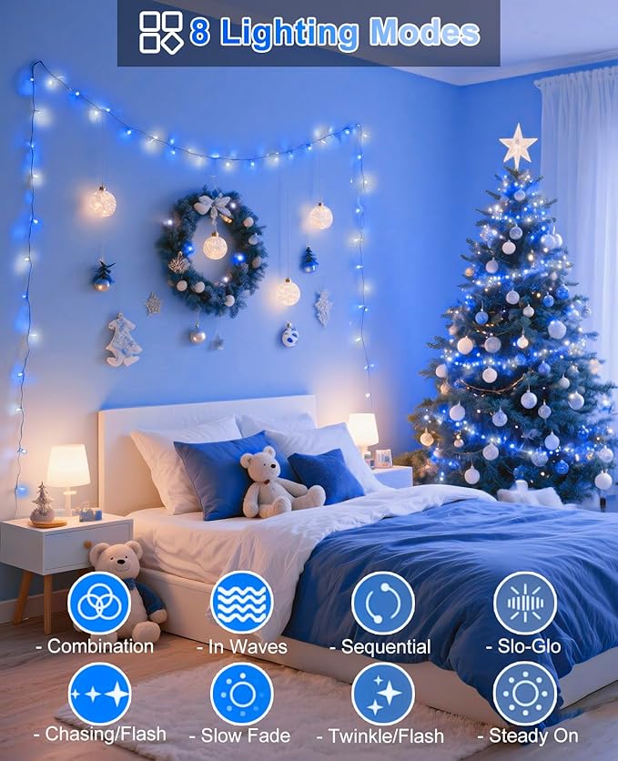 Blue White Christmas Lights Outdoor, 80FT 240 LED Christmas Tree Lights Waterproof Plug in, 8 Modes Connectable Christmas Decorations Green Wire for Indoor Bedroom House Patio Holiday