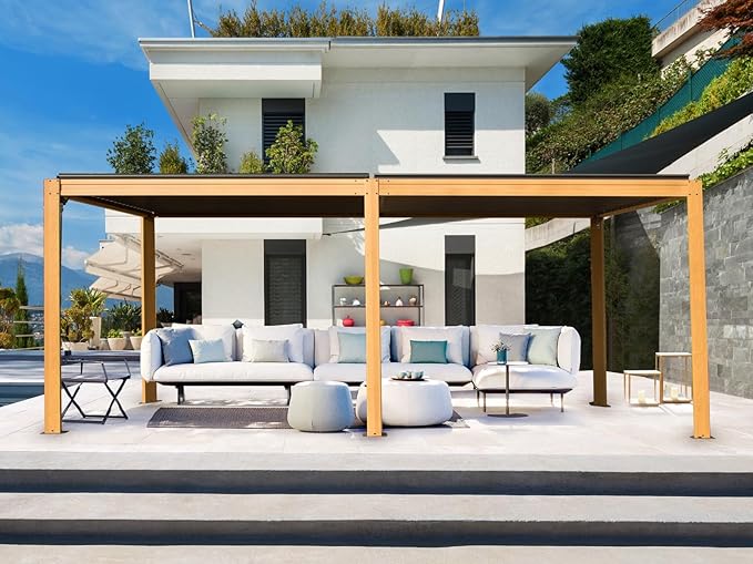 10’ x 20’ Louvered Pergola, Outdoor Pergola Aluminum Frame with Adjustable Rainproof Metal Roof, Permanent Sun Shade with Drainage System for Backyard, Garden and Lawn (Wooden Grain)