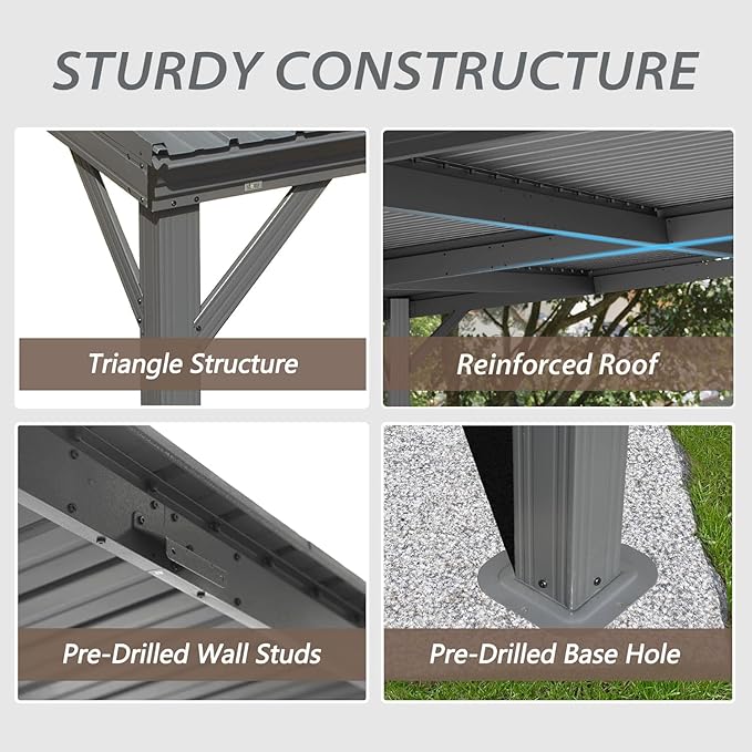 Domi 12'x20' Hardtop Lean to Gazebo with Gutters, Connectable Wall Mounted Gazebo Pergola with Galvanized Steel Roof, 60MPH Wind Resistance, Outdoor Large Metal Canopy, for Patio, Deck, Lawn - Grey