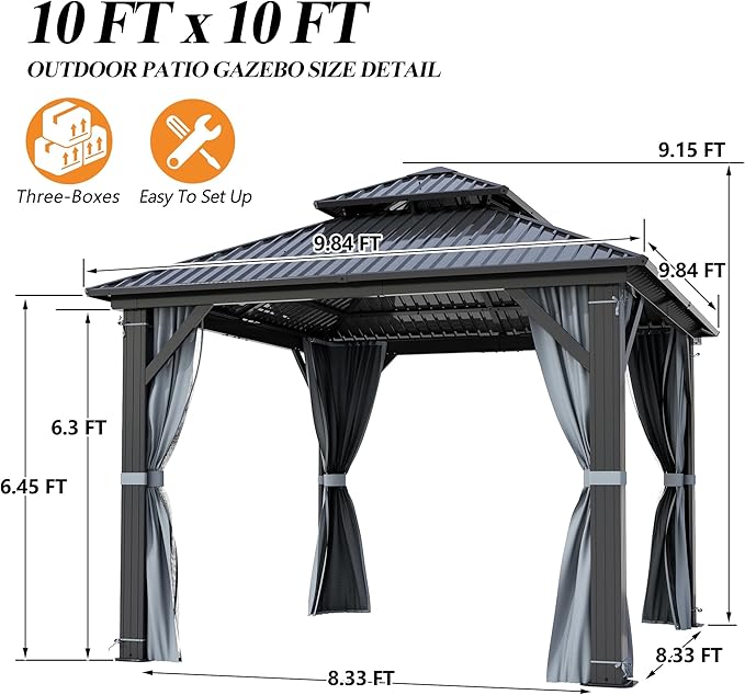 GARTOO 10'x10' Outdoor Hardtop Gazebo with Double Roof - Heavy-Duty Steel Top Aluminum Frame Gazebo with Breathable Netting & Privacy Curtain for Patio, Porch, Garden, Lawn, Deck, Backyard