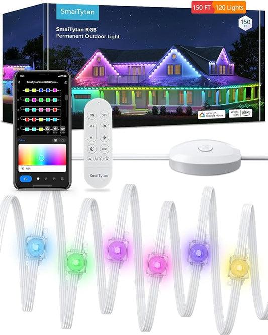 Permanent Outdoor Light,150ft Eave Lights with 120 LEDs, Smart RGB Outdoor LED Lights with Remote, 49 Scene Modes, IP67 Waterproof, Compatible with Alexa & Google Home