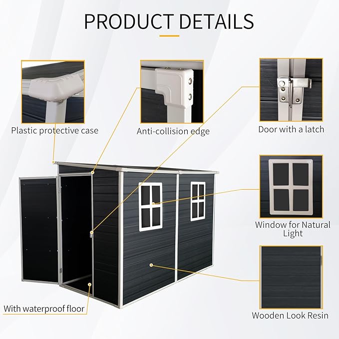 4x8 FT Resin Storage Sheds Outdoor with Floor, 2 Windows & Lockable Door Storage Shed - Waterproof Garden Tool Shed, Patio & Backyard Tool Storage Cabinet Use - Black