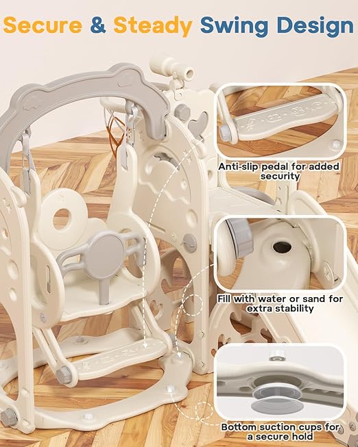BIERUM Toddler Slide and Swing Set, 7-in-1 Indoor Outdoor Toddler Playset with Climber, Basketball Hoop & Golf Toys, Playground for Kids Ages 1+, Cream&Gray