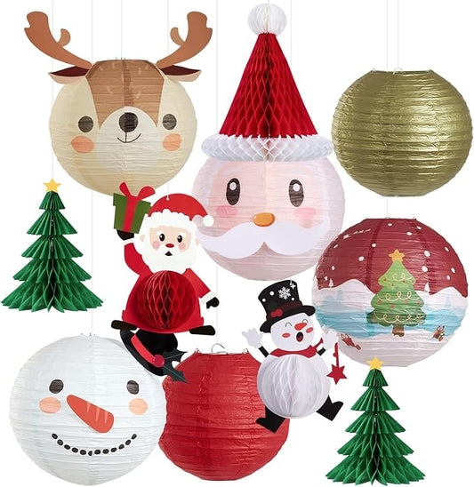 Christmas Hanging Paper Lanterns and Honeycomb Set, 11 PCS Santa Snowman Reindeer Theme Lanterns and Paper Christmas Tree Honeycombs, Holiday Ceiling Party Decorations for Home, Classroom