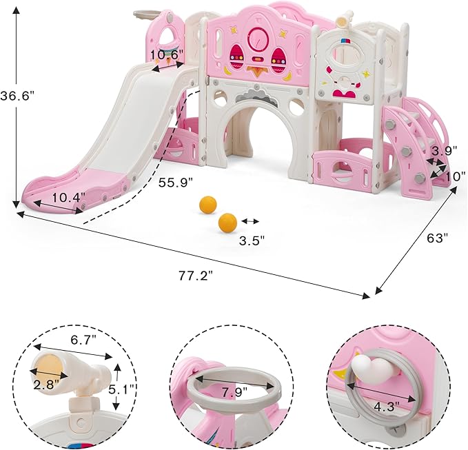 9 in 1 Toddler Slide and Climber Playset Freestanding Backyard Playground for Children Age 1-4, Indoor Outdoor Kids Slide with Basketball Hoop,Telescope, Ring-toss and Storage Space