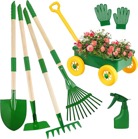 Duckura Kids Gardening Tools Set - 7pcs Wheelbarrow Set Outdoor Toy for Kids with Shovel, Rake, Leaf Rake, Yard Digging Weed Toys, Christmas Birthday Gifts for Boys Girls Age 2 3+Years Old(Yellow)