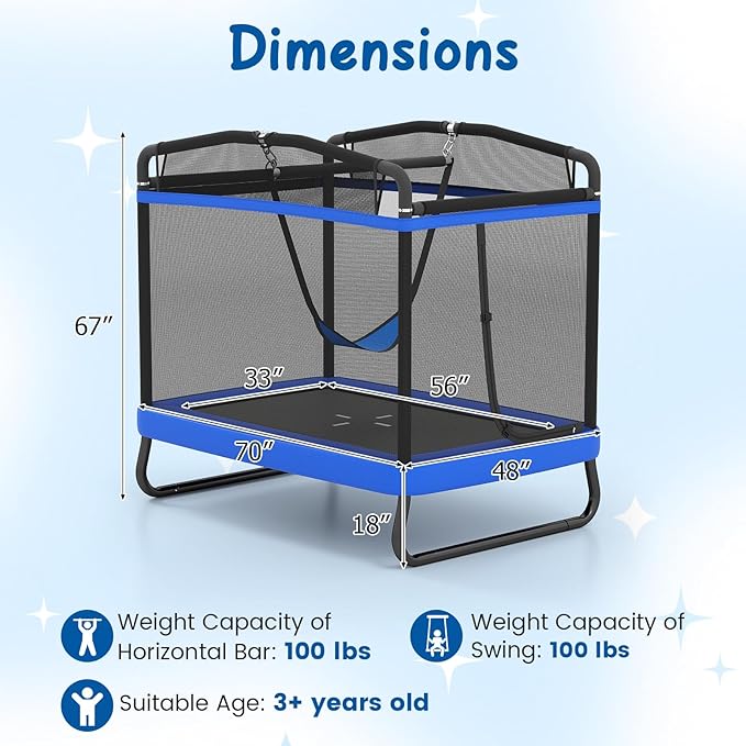 Goplus 6 x 4 FT Rectangle Trampoline for Kids, Indoor Outdoor Toddler Trampoline with Swing, Gymnastics Bar & Safety Enclosure Net, ASTM Approved Gift for Children Boys Girls