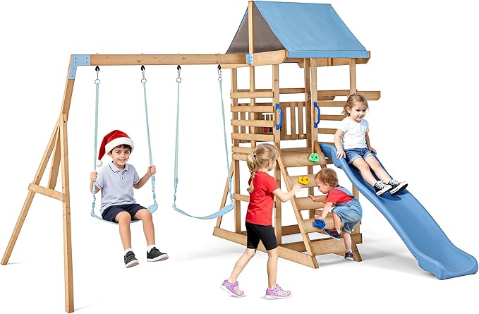 Spruce Wood Swing Set with Wave Slide, Belt Swings, Play Deck, Rock Wall Ladder, Pull up Rings and Puzzle Chess Board, Canopy Roof Outdoor Playset for Backyard