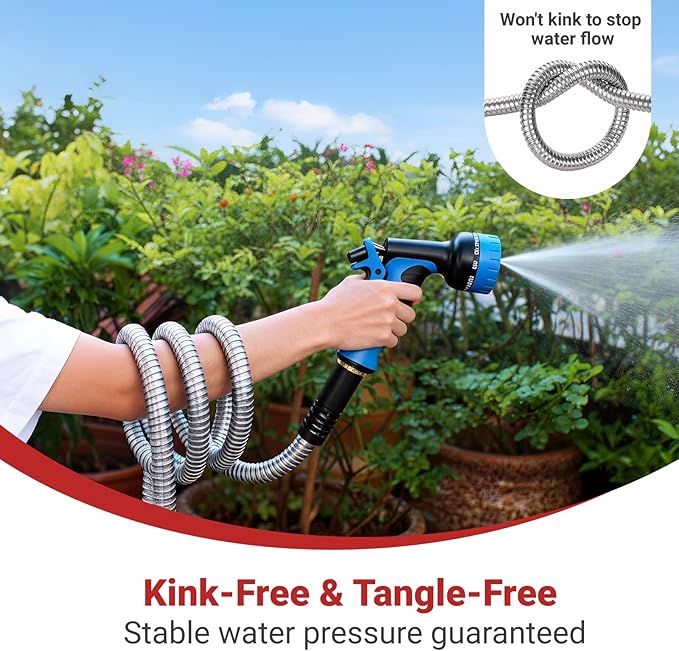 Lefree 100ft Metal Garden Hose - Heavy Duty 304 Stainless Steel Flexible Water Hose, No Kinks & Leak-Proof with Upgraded Handle, 10-Function Spray Nozzle & 4 Spare Gaskets for Yard, RV, Pet Bath