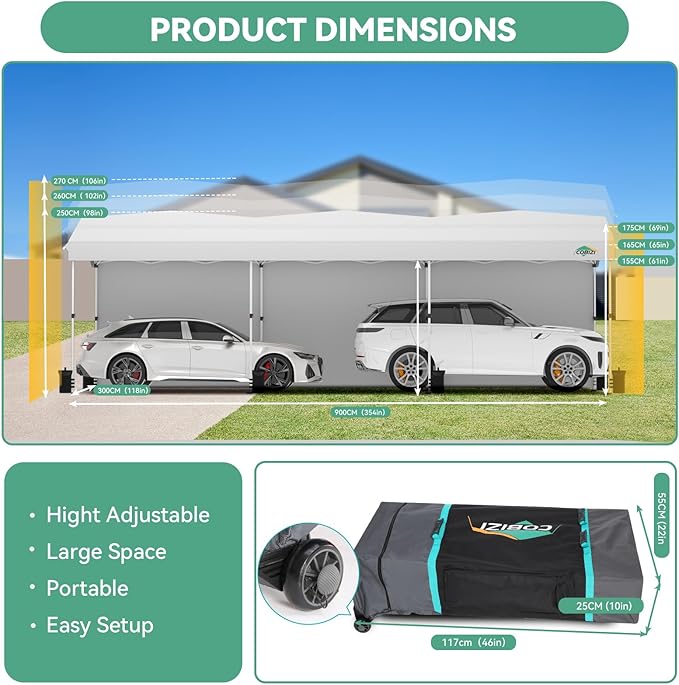 COBIZI 10x30 Pop Up Canopy with One Button Push Center Lock,Ez Up Portable Carport with 3 sidewalls,Waterproof UV50+ Outdoor Party Commercial Carport Canopy Gazebos with Roller Bag(10 x 30 ft White)