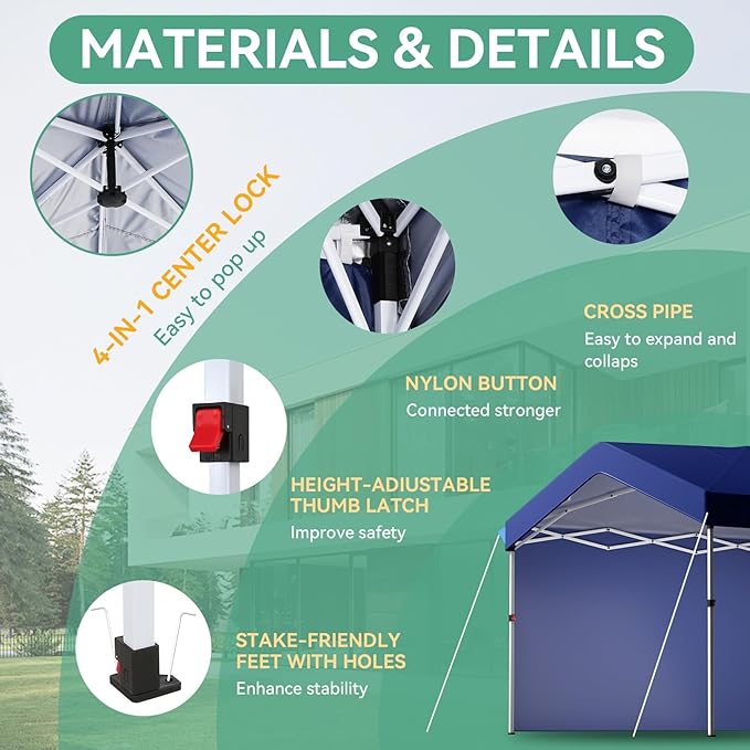 COBIZI 10x10 Pop Up Canopy with One Button Push Center Lock,Ez Up Portable Carport with 1 sidewall,Waterproof UV50+ Outdoor Party Commercial Carport Canopy Gazebos with Carry Bag(10 x 10 ft Dark Blue)