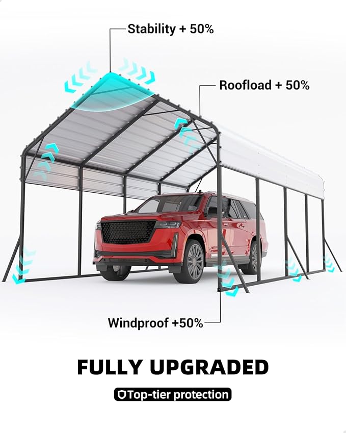 13x21 FT Metal Carport Heavy Duty Car Ports Reinforced Frame, Galvanized Steel Roof and Enhanced Base All-Weather Outdoor Oversized Shelter for Cars, Bass Boats, Full-Sized Pickup Trucks, Tractors