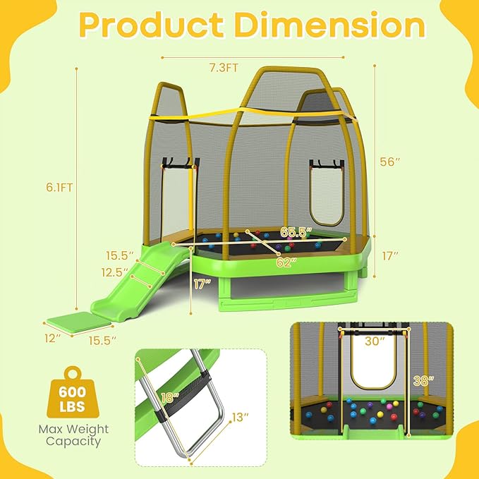 Goplus 7 FT Kids Trampoline with Slide, 87¡± ASTM Approved Toddler Trampoline with Galvanized Steel Frame & Safety Enclosure Net, Ladder, Indoor Outdoor Recreational Rebounder for Kids