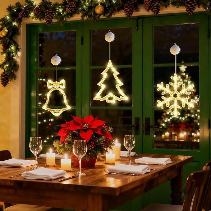 3Pack Christmas Window Lights Decorations with Timer,Battery Powered Christmas Hanging Warm White Lighted Snowflake Tree Bells Shaped LED Sucker for 2026 Xmas Tree Fireplace Indoor Decor
