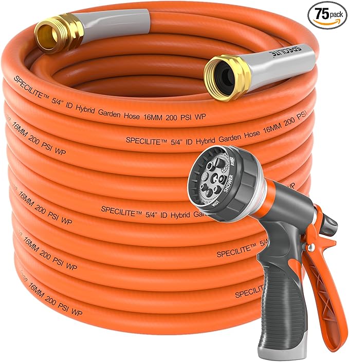 SPECILITE Garden Water Hose 75 ft x 5/8 in Heavy Duty, Flexible and Lightweight, Burst 600 psi, Kink-less Hybrid Rubber Pipe for Backyard, 3/4'' Brass Fittings, Orange