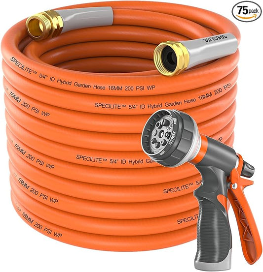SPECILITE Garden Water Hose 75 ft x 5/8 in Heavy Duty, Flexible and Lightweight, Burst 600 psi, Kink-less Hybrid Rubber Pipe for Backyard, 3/4'' Brass Fittings, Orange
