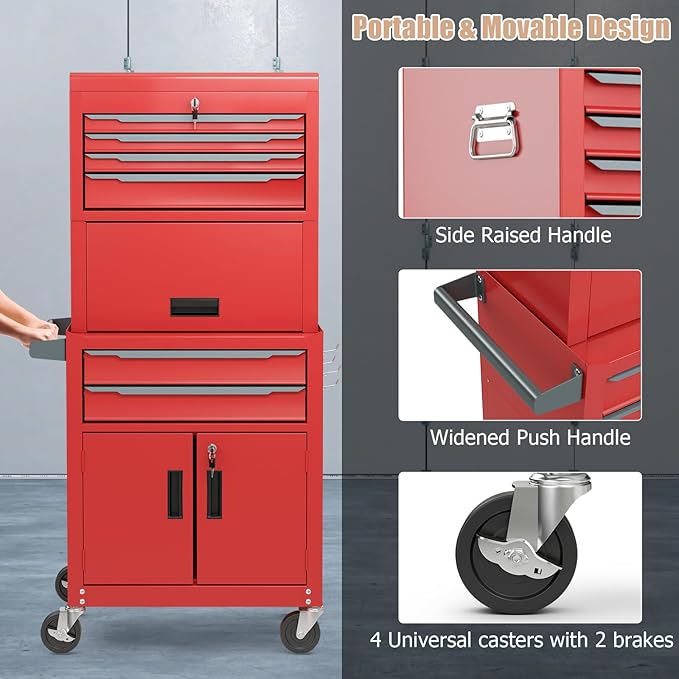 ERGOMASTER Large Rolling Tool-Chest with 6 Drawers Heavy Duty Tool-Box on Wheels Lockable and Lock System Cabinet for Garage Workshop(28 x 13 x 53''-Red)