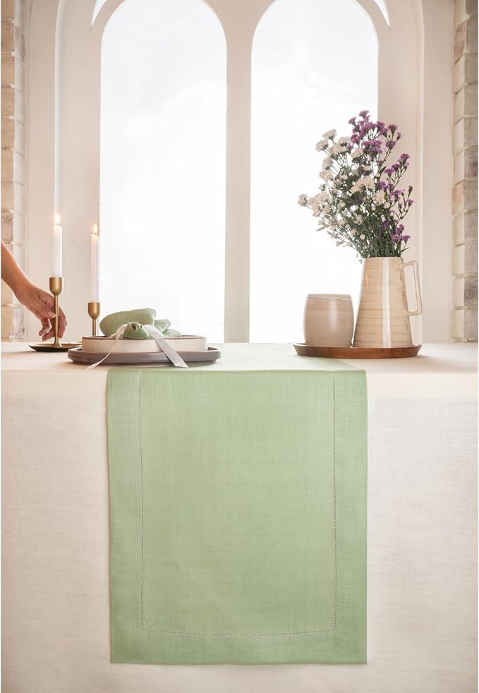 D'Moksha Homes Linen Sage Green Table Runner 48 Inches - Classic Hemstitch, 100% Pure Linen Coffee Table Runner 14 x 48 Inch Ideal for Dresser Tables - Fall, Thanksgiving, Christmas, Holiday