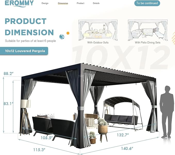EROMMY Louvered Pergola 10' x 12', Outdoor Aluminum Pergola with Adjustable Rainproof Roof for Garden, Patio, Deck, Waterproof Curtains and Netting Included, Gray-Black