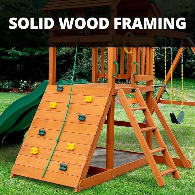 Gorilla Playsets 01-1064-Y Outing Wood Swing Set with Green Vinyl Canopy and Trapeze Arm - Yellow Slide