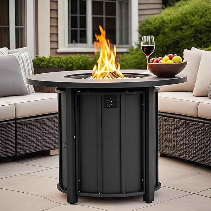 30'' Concrete Round Gas Fire Pit, 50,000 BTU Steel Outdoor Fire Tables, Fire Table with Lid, Add Warmth & Ambience to Gatherings and Parties On Patio Deck Garden Backyard£¬White Glass Stone.